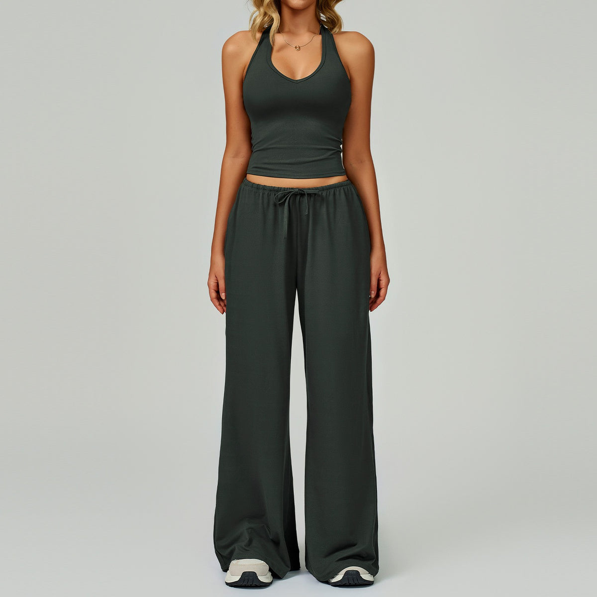 Brushed Halter Tank Drawstring Wide Leg Yoga Set - Charcoal