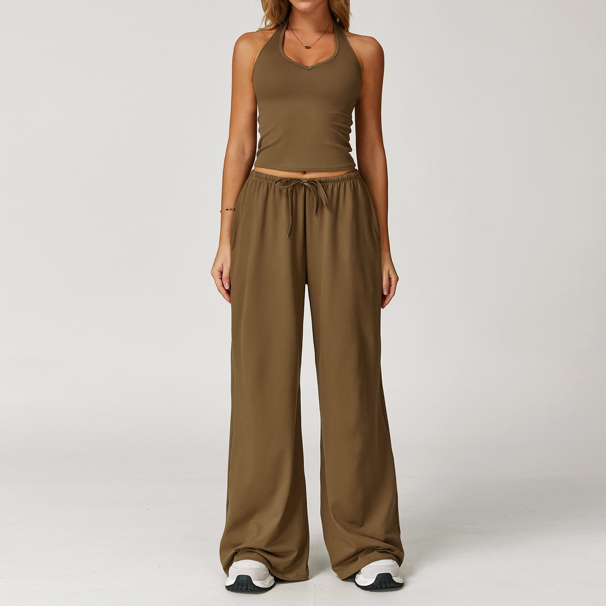 Brushed Halter Tank Drawstring Wide Leg Yoga Set - Coffee