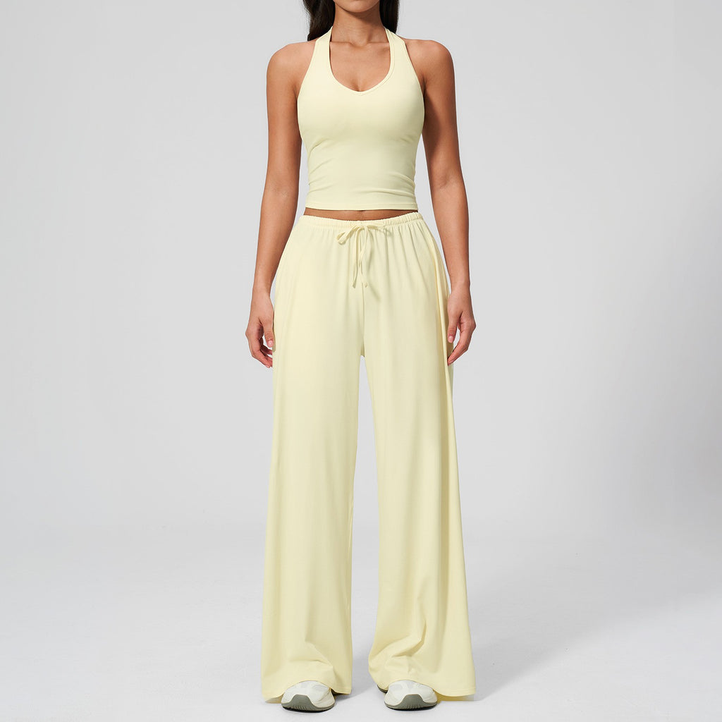 Brushed Halter Tank Drawstring Wide Leg Yoga Set - Cream
