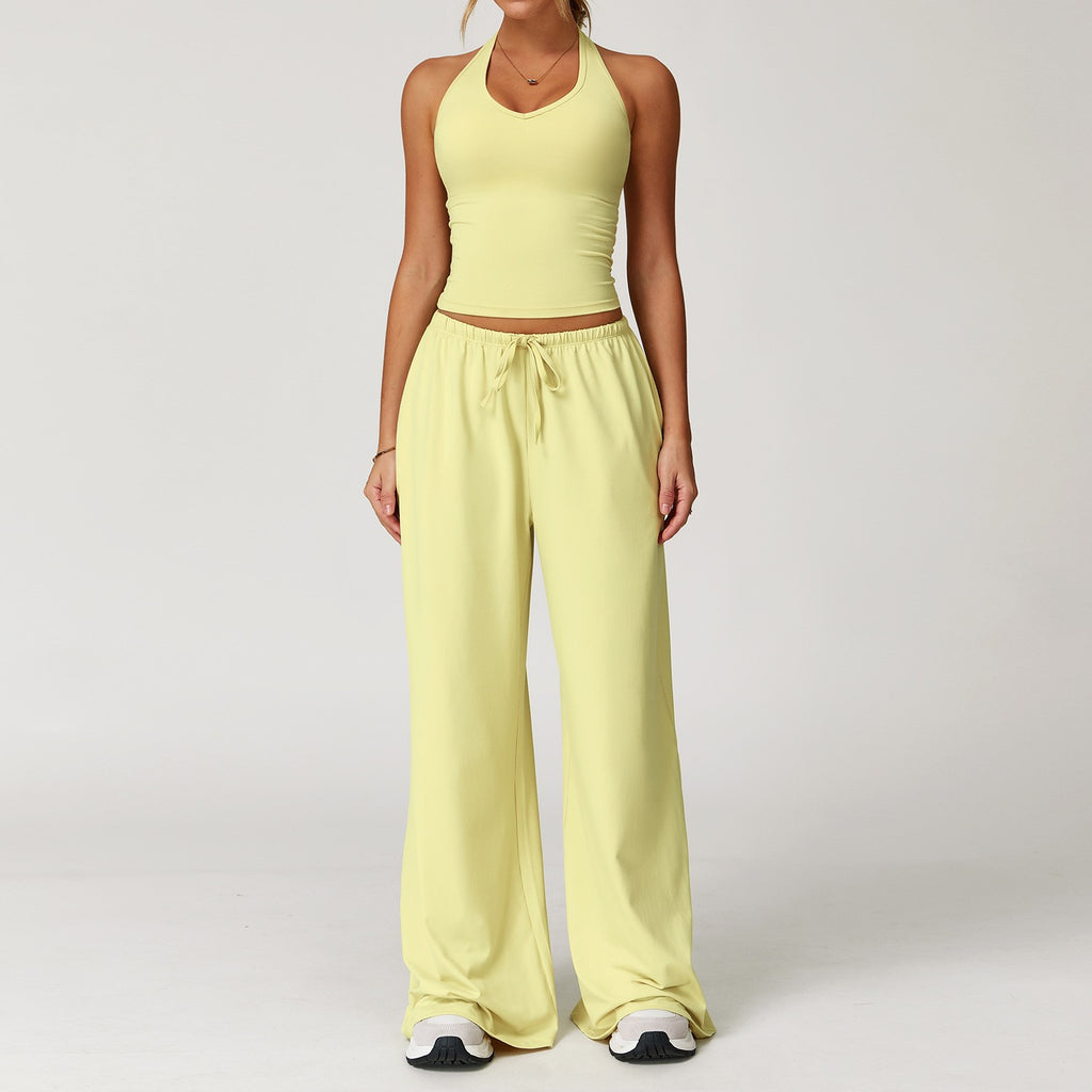 Brushed Halter Tank Drawstring Wide Leg Yoga Set - Light Yellow