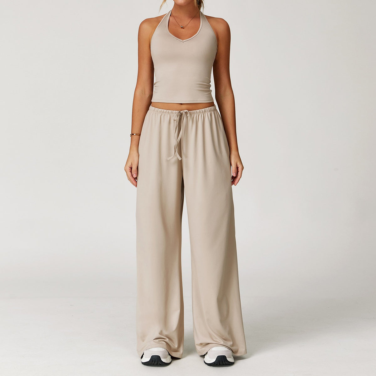 Brushed Halter Tank Drawstring Wide Leg Yoga Set - Linen
