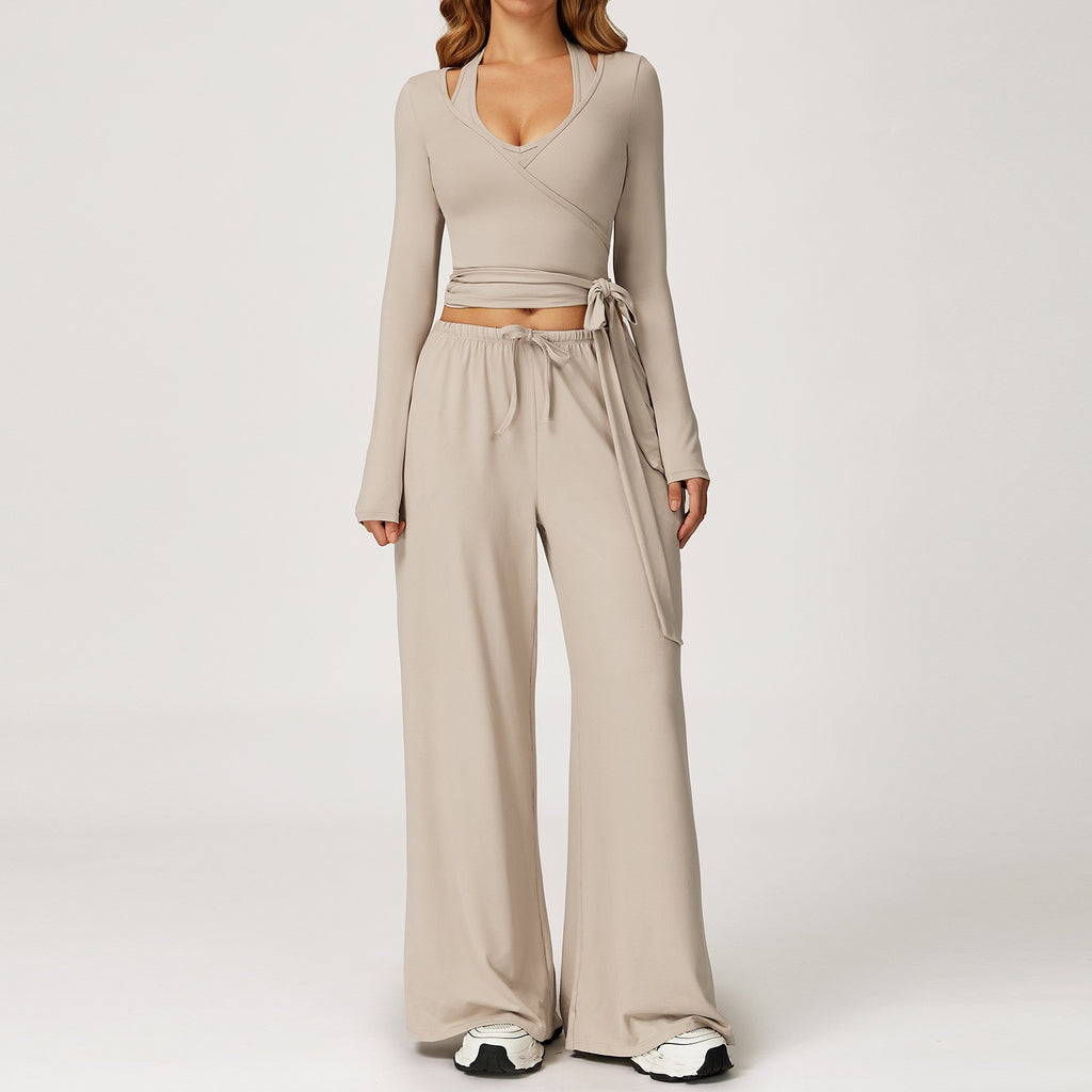 Brushed Halter Tank Drawstring Wide Leg Yoga Set - Linen 3-Piece