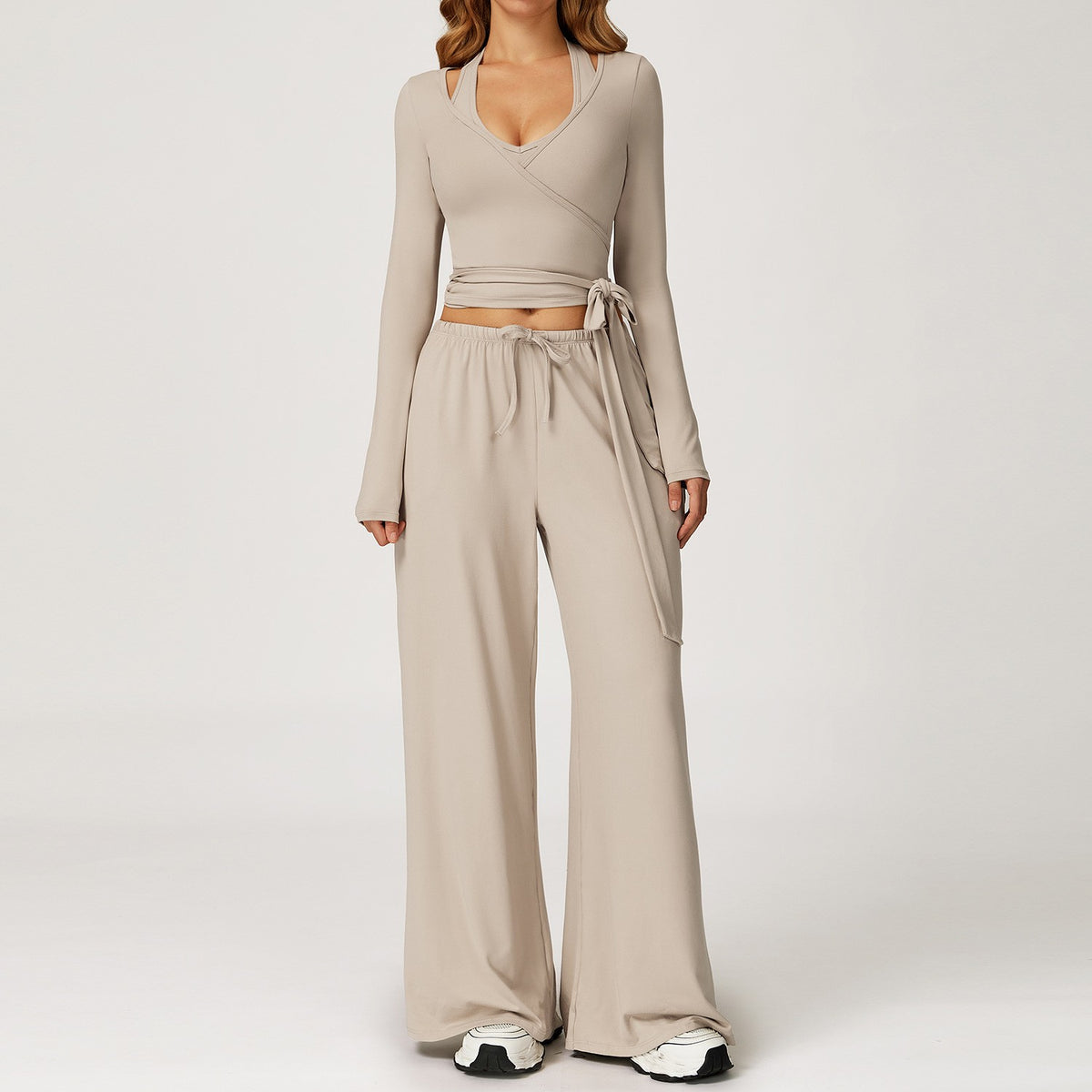 Brushed Halter Tank Drawstring Wide Leg Yoga Set - Linen 3-Piece