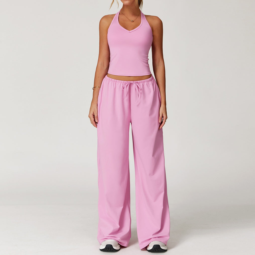 Brushed Halter Tank Drawstring Wide Leg Yoga Set - Rose Pink