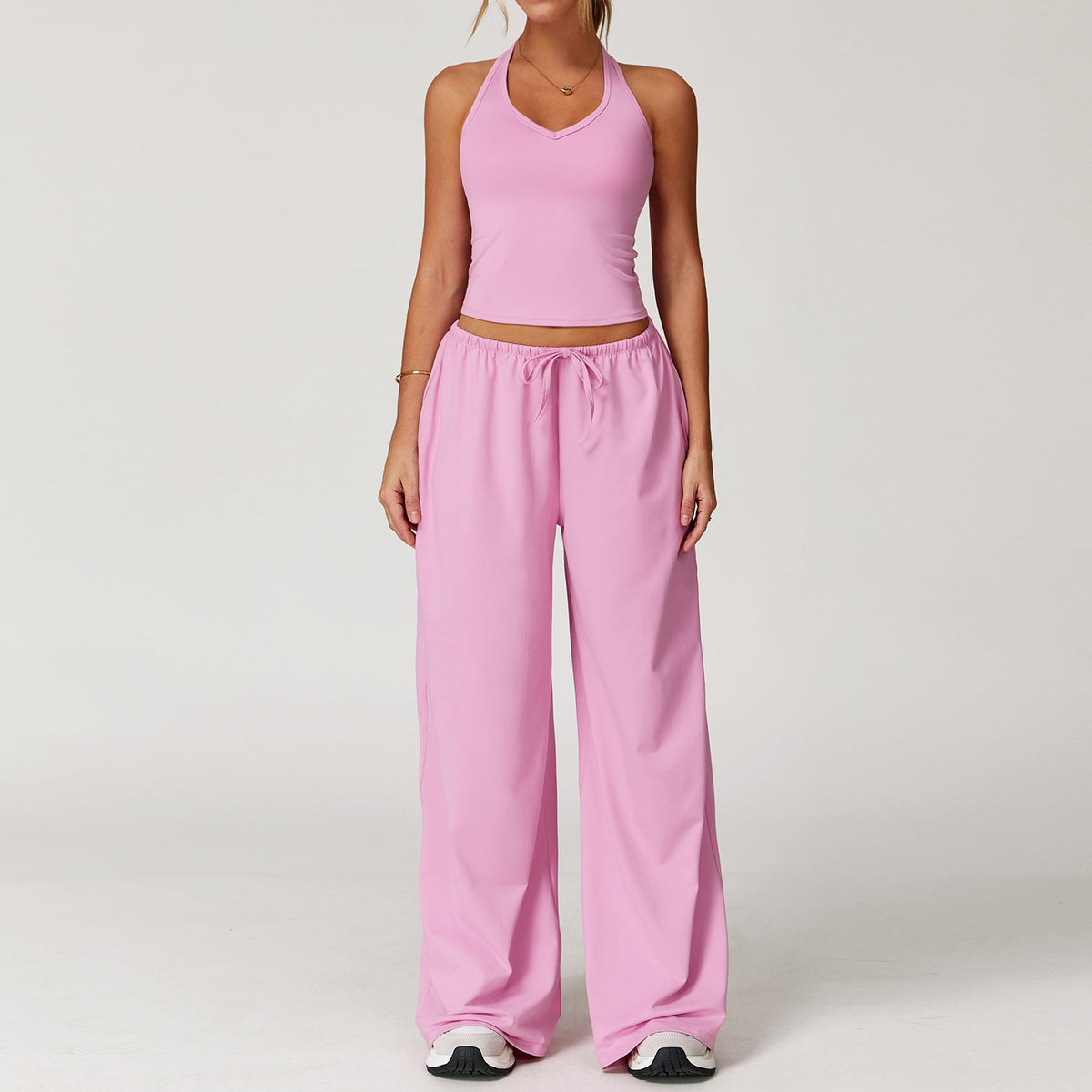Brushed Halter Tank Drawstring Wide Leg Yoga Set - Rose Pink
