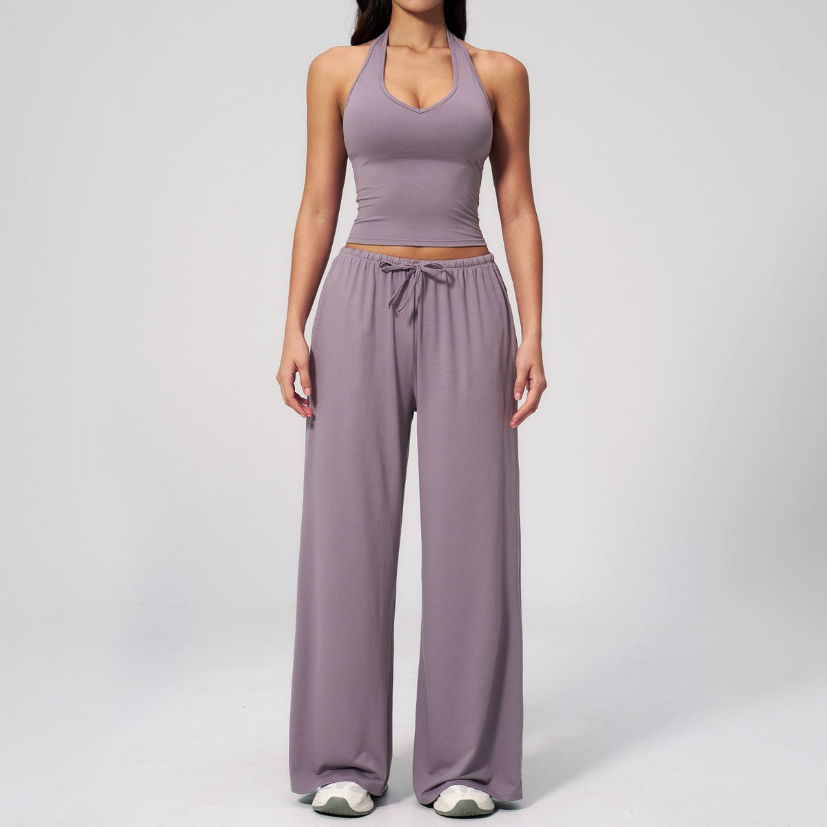 Brushed Halter Tank Drawstring Wide Leg Yoga Set - Smoky Mauve
