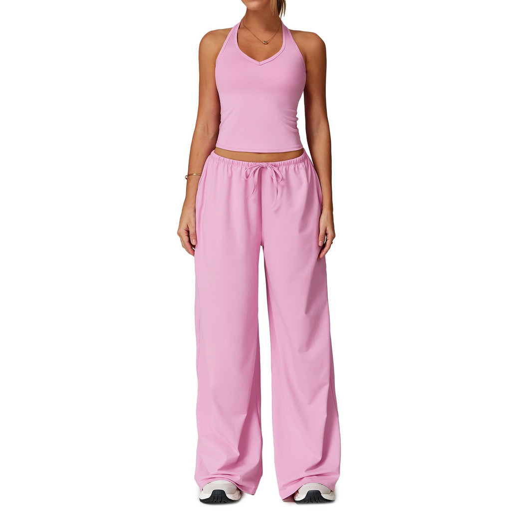 Brushed Halter Tank Drawstring Wide Leg Yoga Set