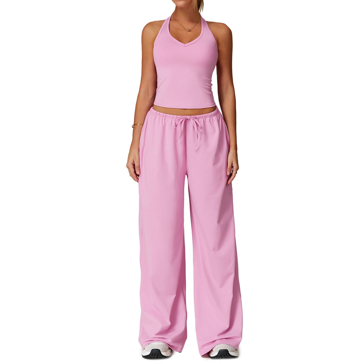 Brushed Halter Tank Drawstring Wide Leg Yoga Set