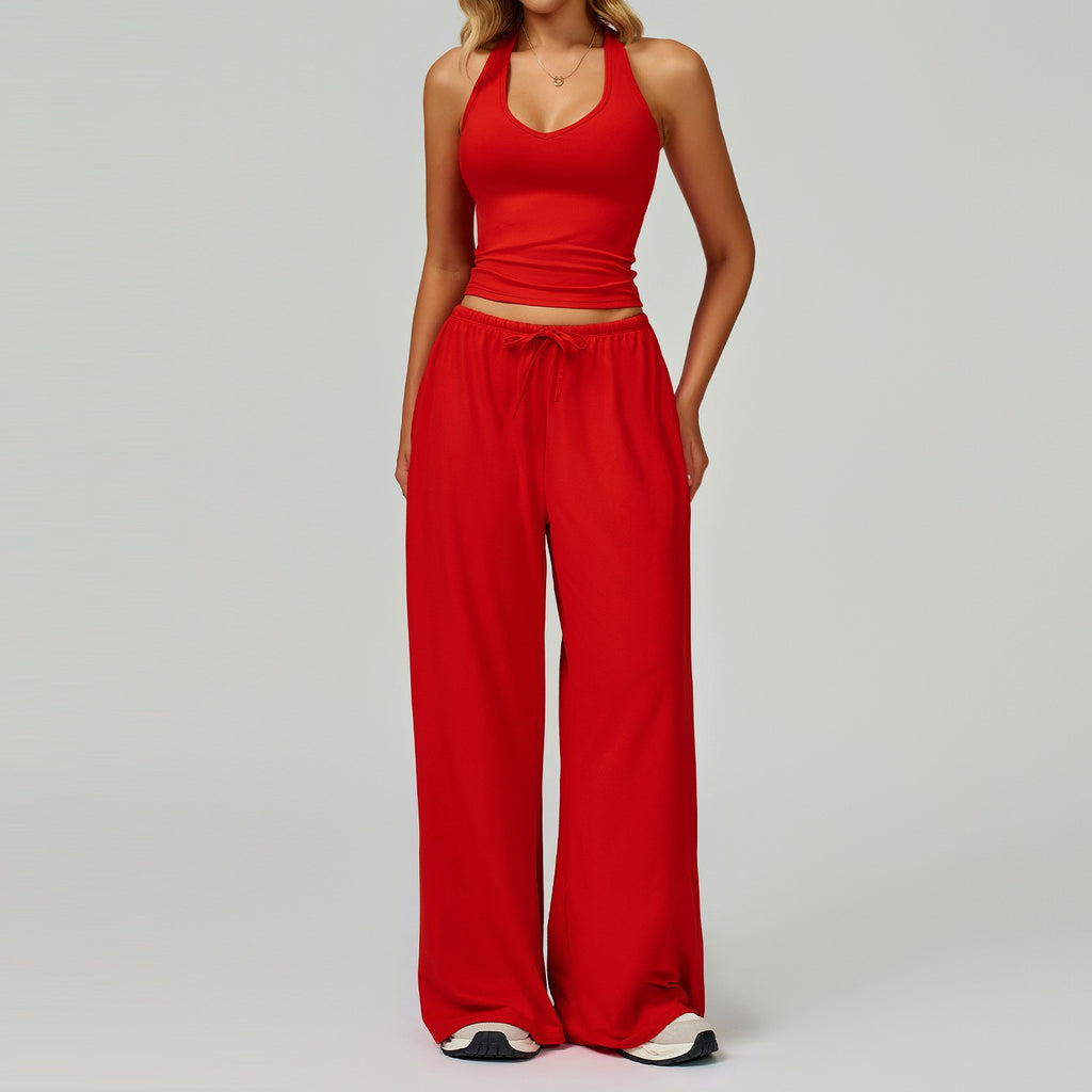 Brushed Halter Tank Drawstring Wide Leg Yoga Set