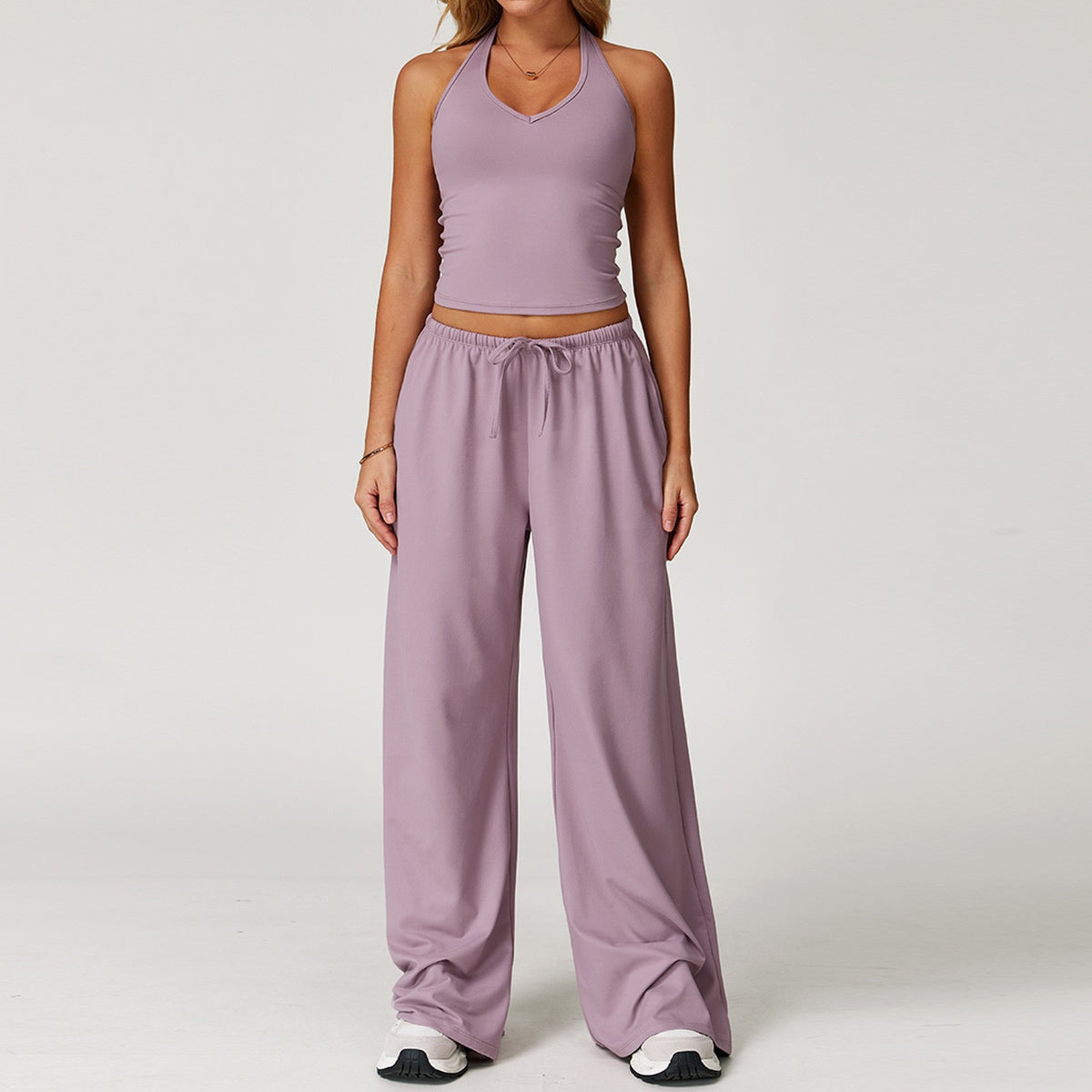Brushed Halter Tank Drawstring Wide Leg Yoga Set