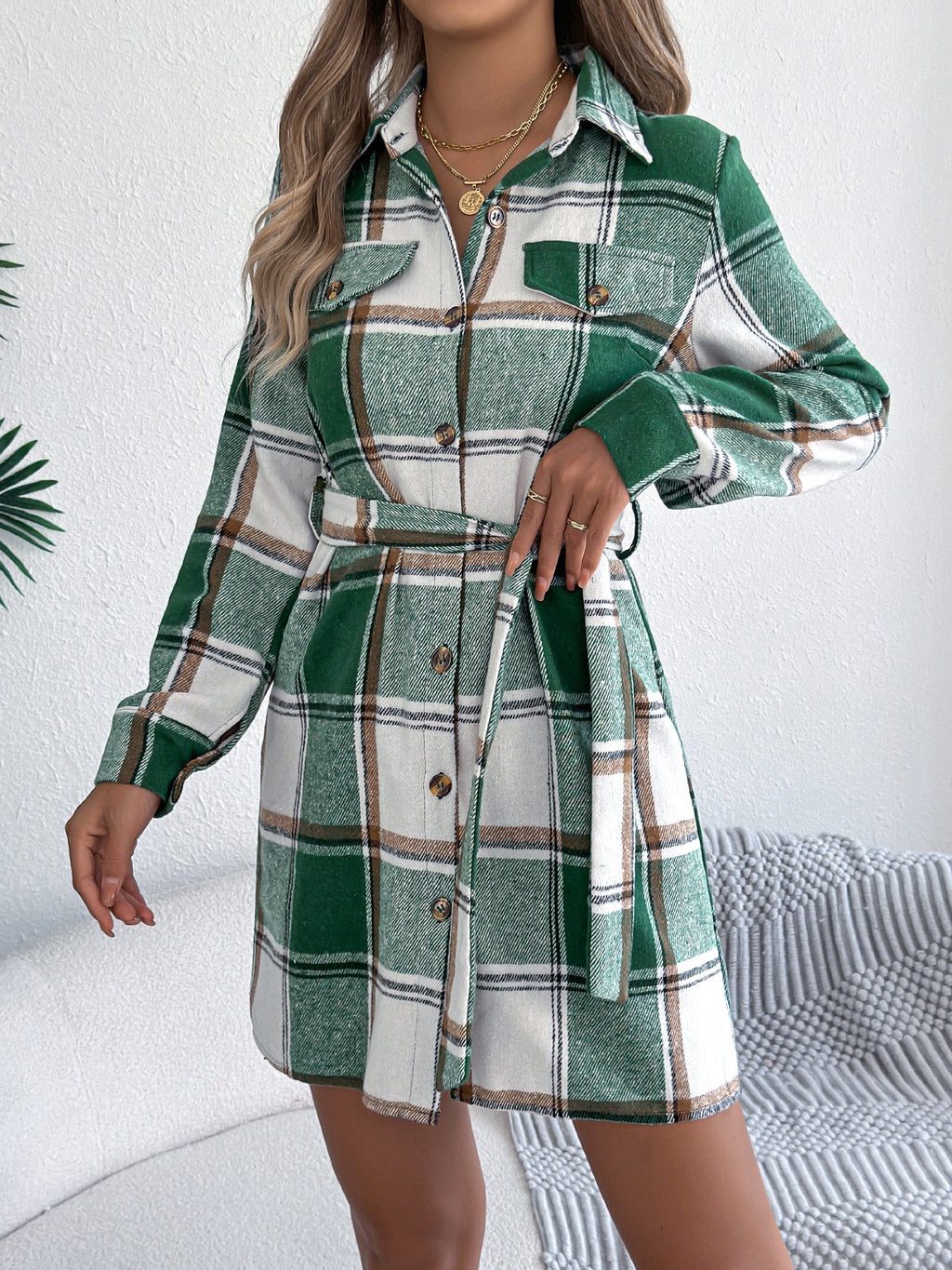 Vintage Plaid Belted Mini Shirt Dress - Green - 1