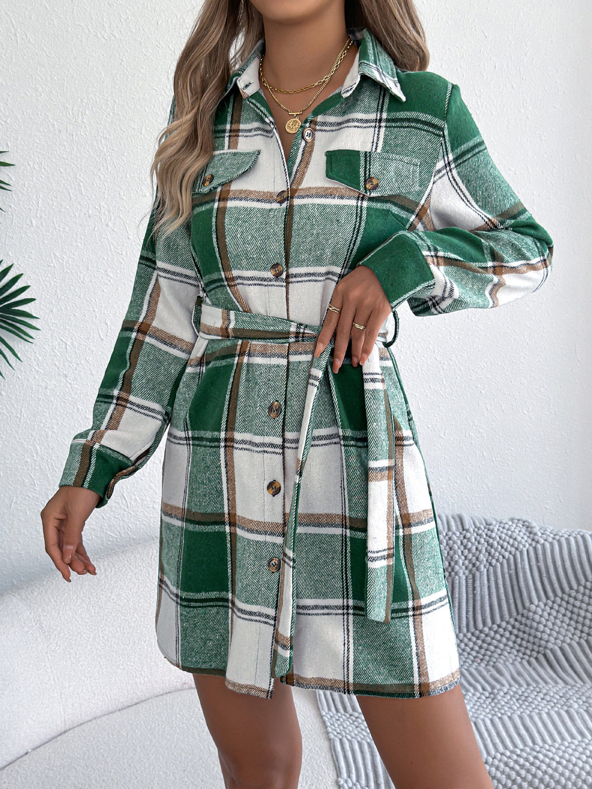 Vintage Plaid Belted Mini Shirt Dress - Green - 1
