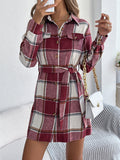 Vintage Plaid Belted Mini Shirt Dress - Red