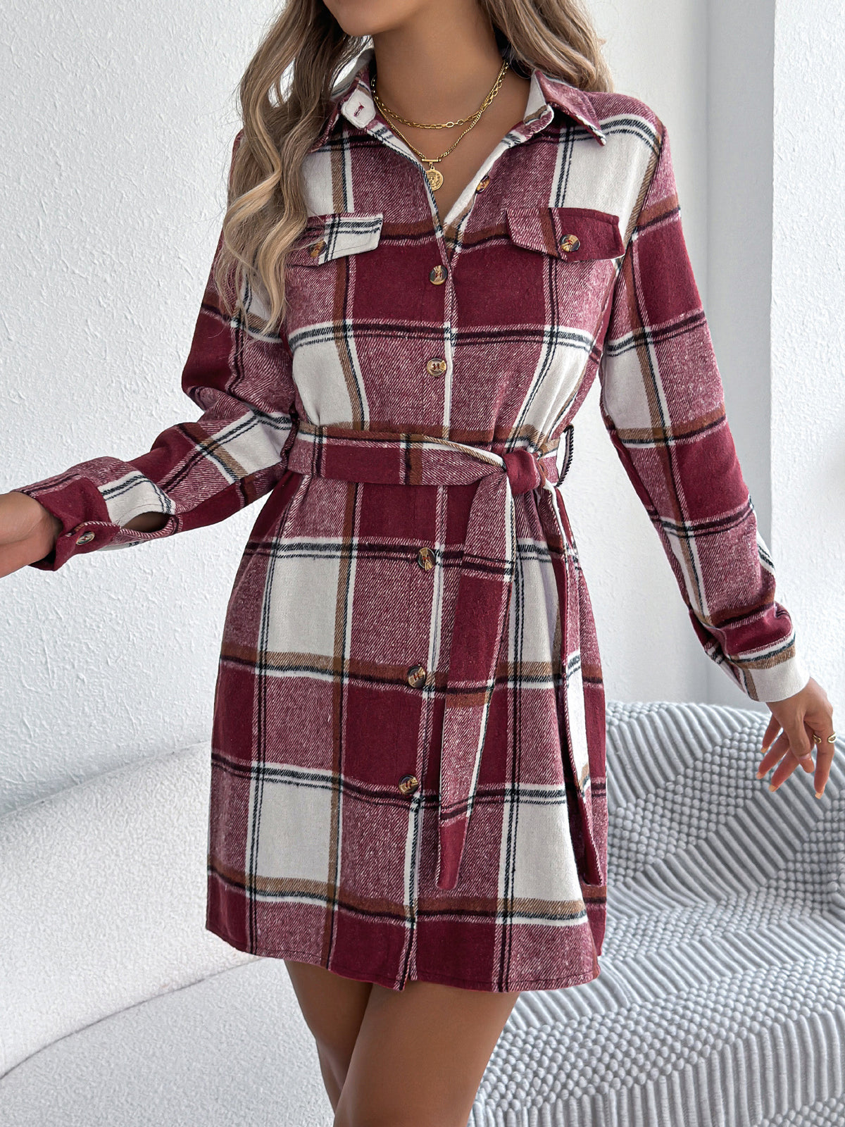 Vintage Plaid Belted Mini Shirt Dress - Red - 1