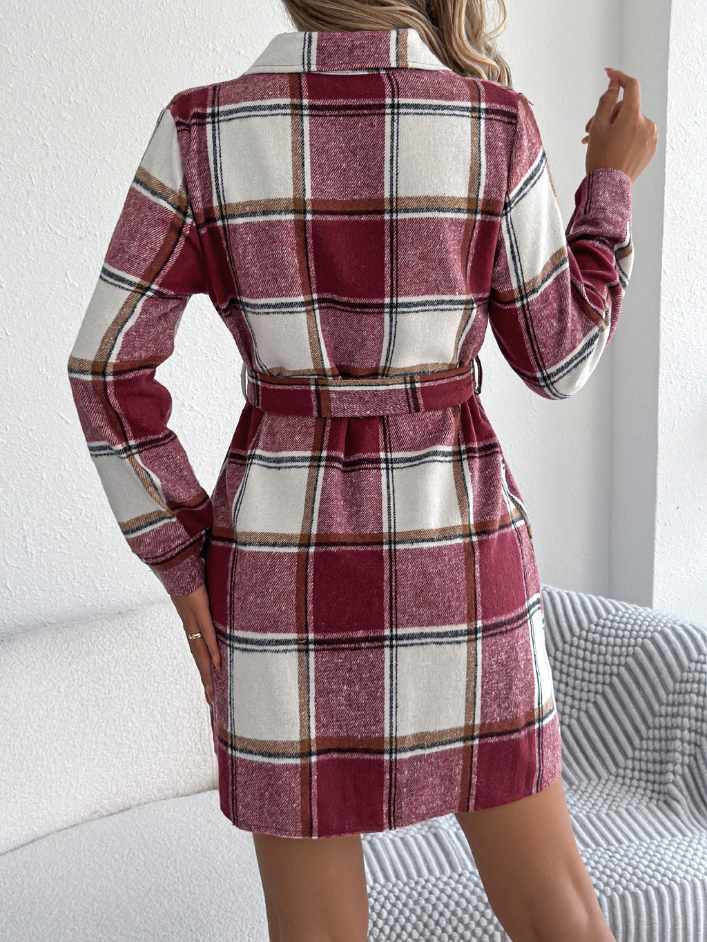 Vintage Plaid Belted Mini Shirt Dress - Red - 2