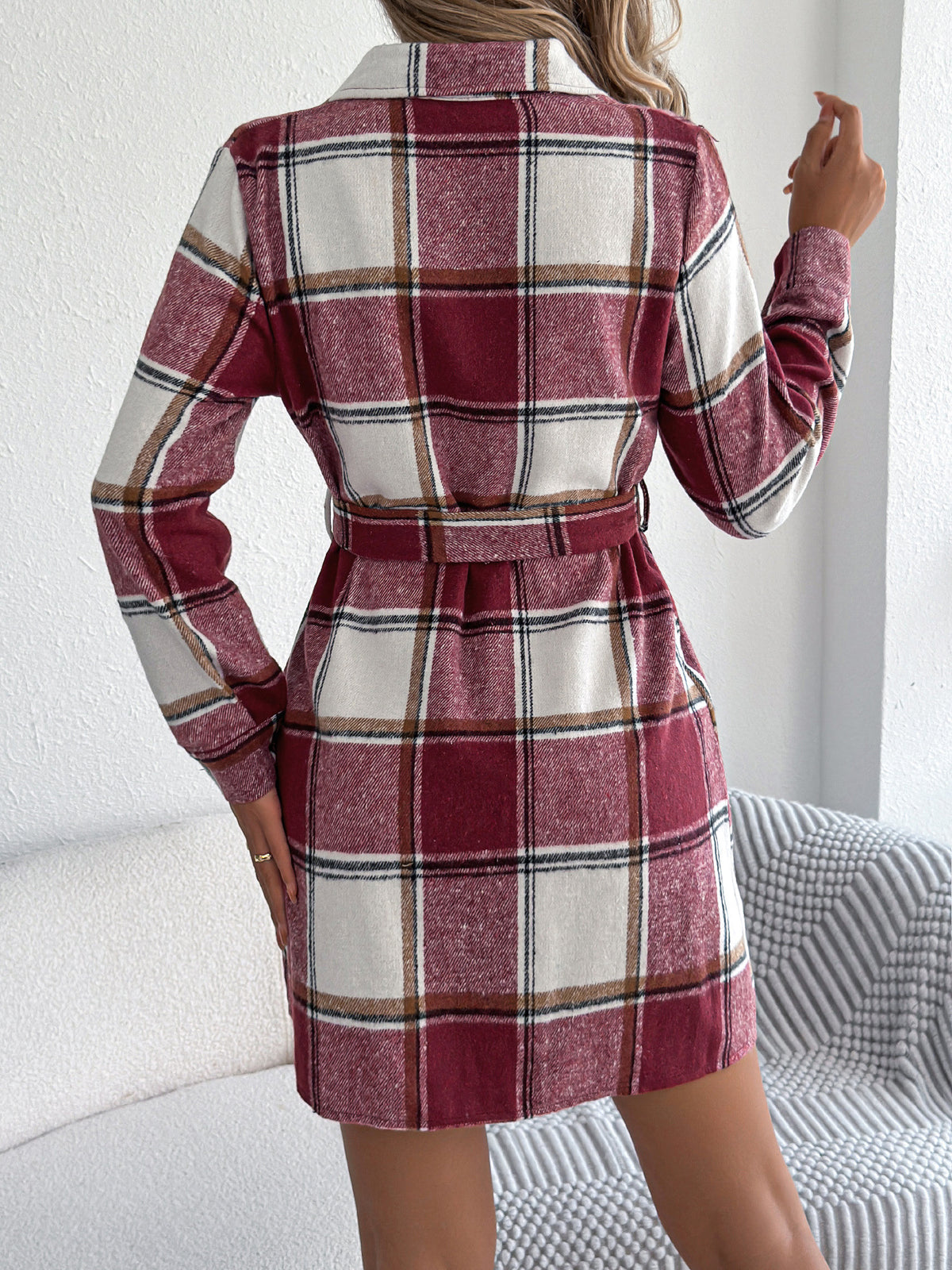 Vintage Plaid Belted Mini Shirt Dress - Red - 2