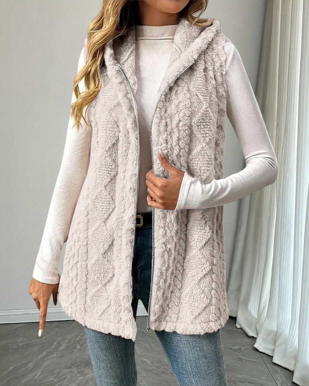 Hooded Sleeveless Longline Fleece Vest - Apricot