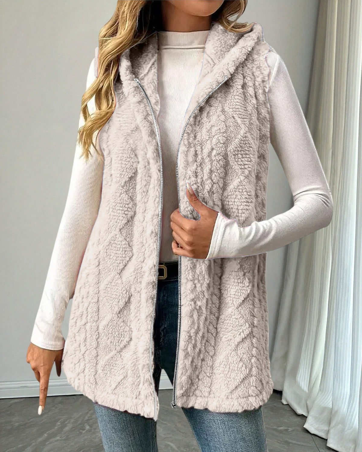 Hooded Sleeveless Longline Fleece Vest - Apricot - 1
