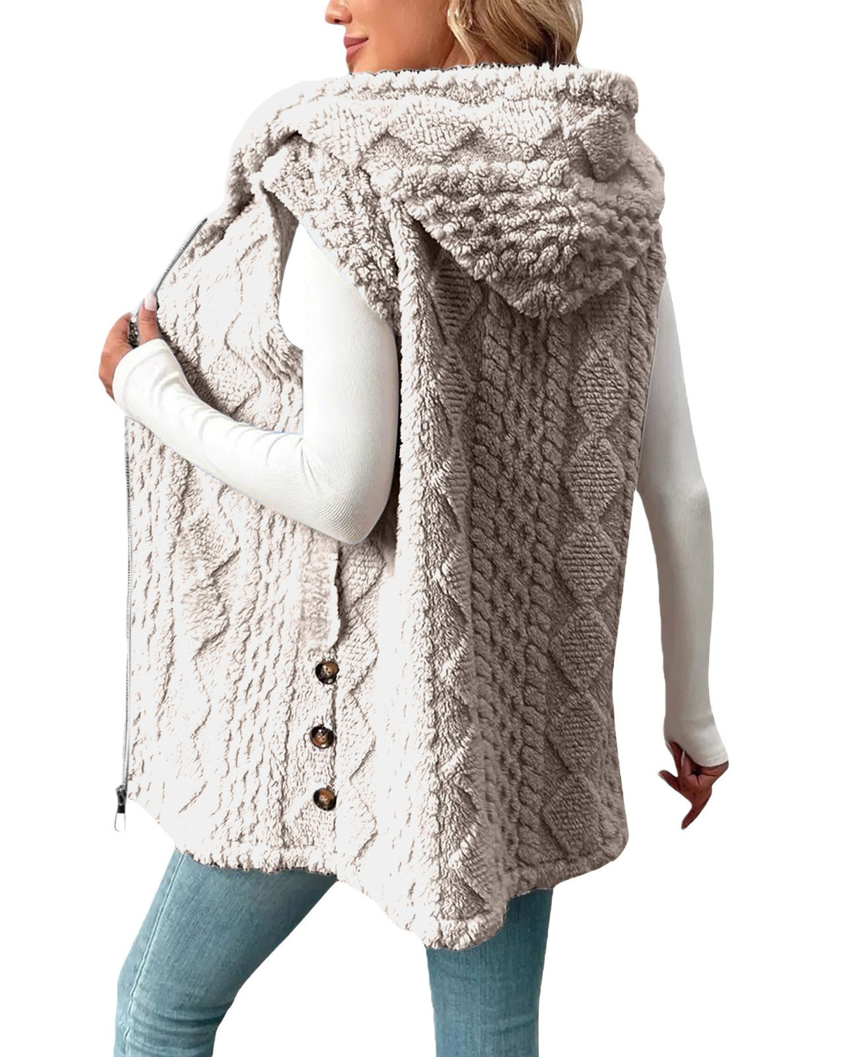Hooded Sleeveless Longline Fleece Vest - Apricot - 2
