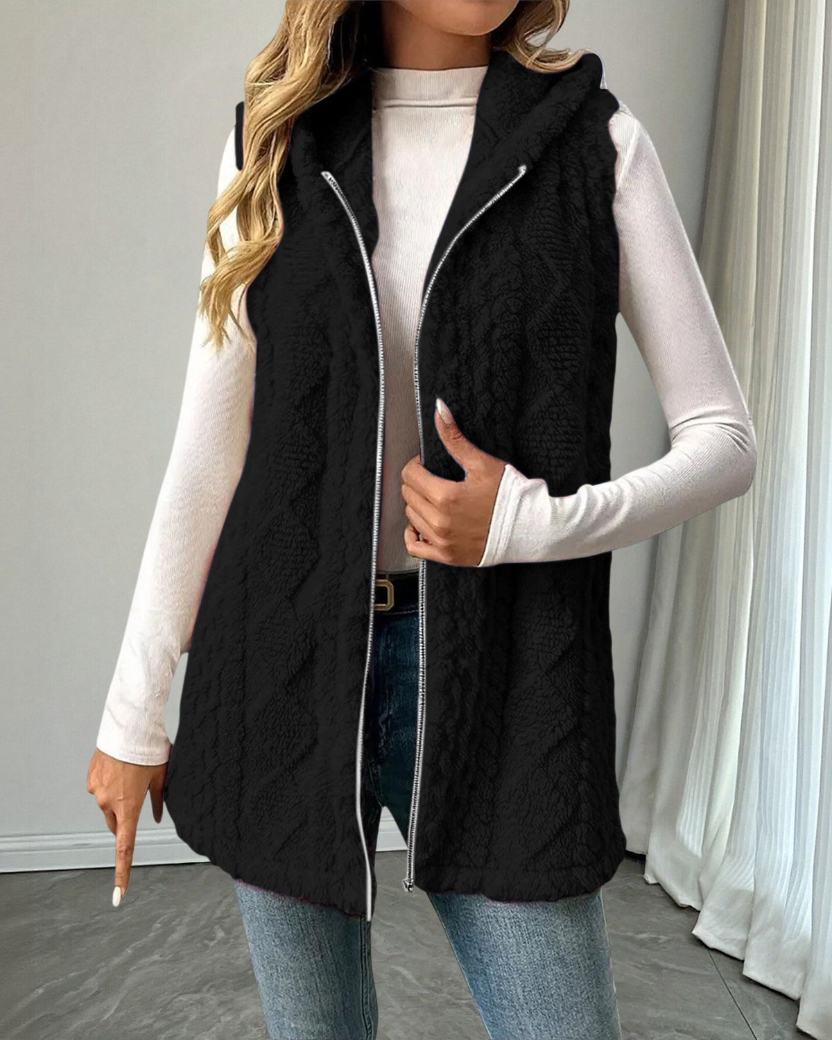 Hooded Sleeveless Longline Fleece Vest - Black