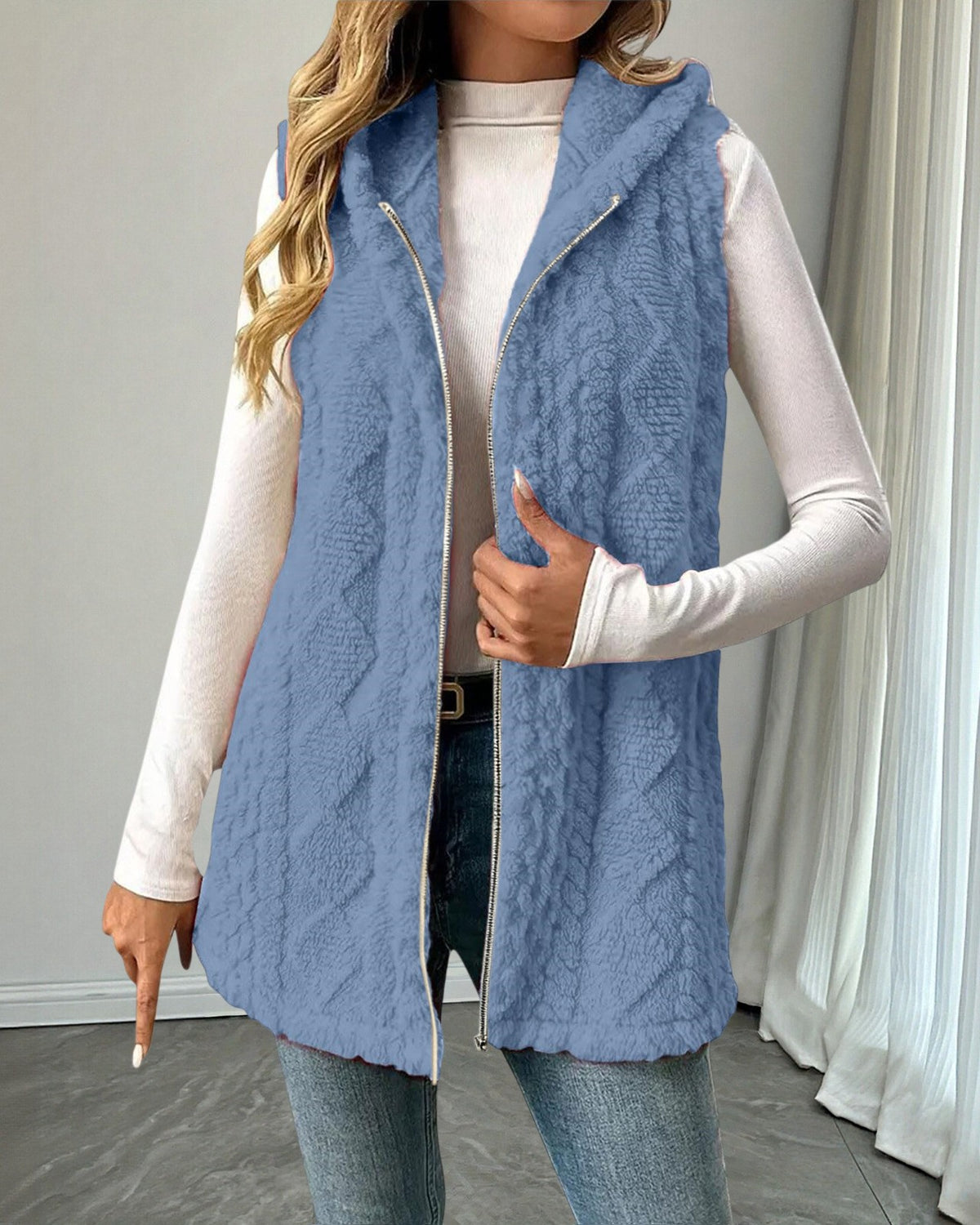 Hooded Sleeveless Longline Fleece Vest - Blue