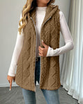 Hooded Sleeveless Longline Fleece Vest - Camel