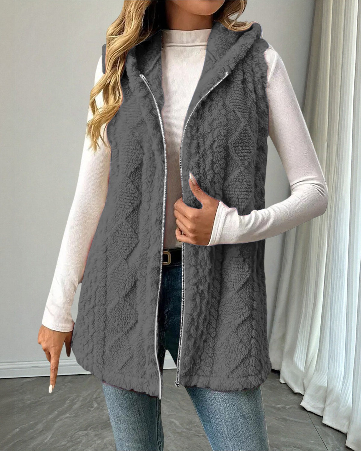 Hooded Sleeveless Longline Fleece Vest - Grey
