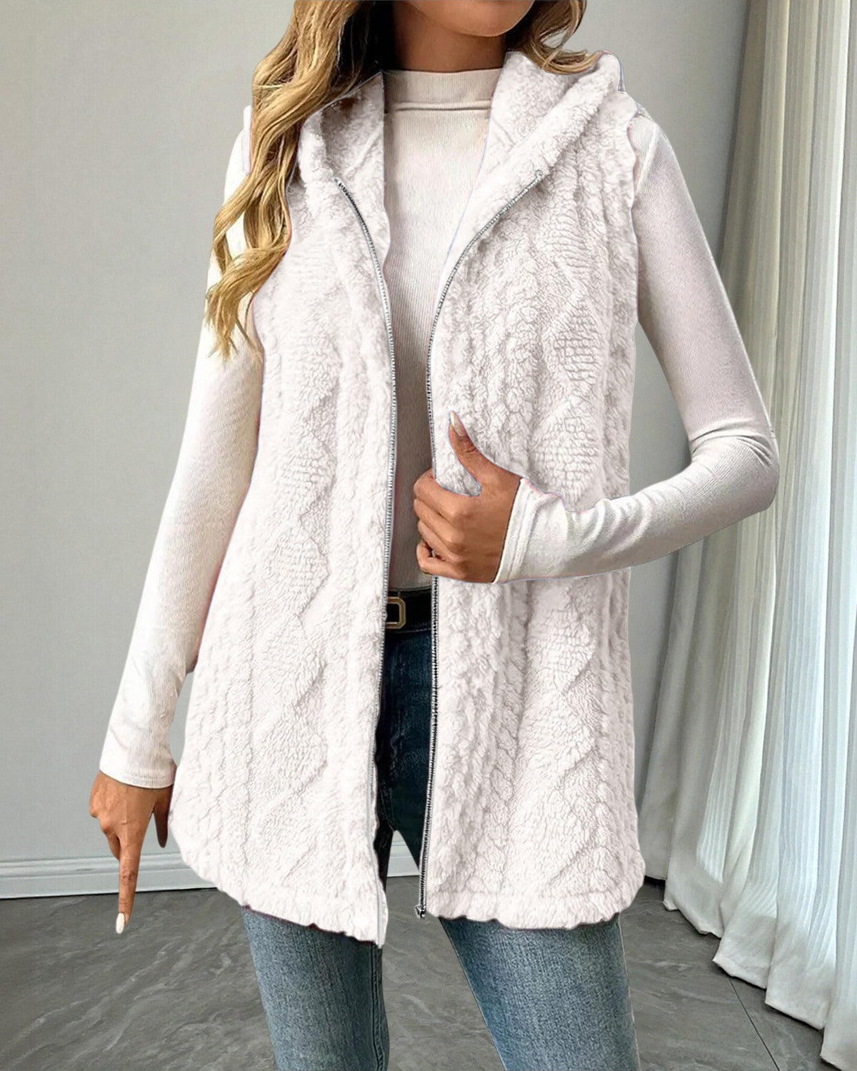 Hooded Sleeveless Longline Fleece Vest - White
