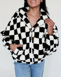 Checkerboard Sherpa Zip Front Jacket - Black