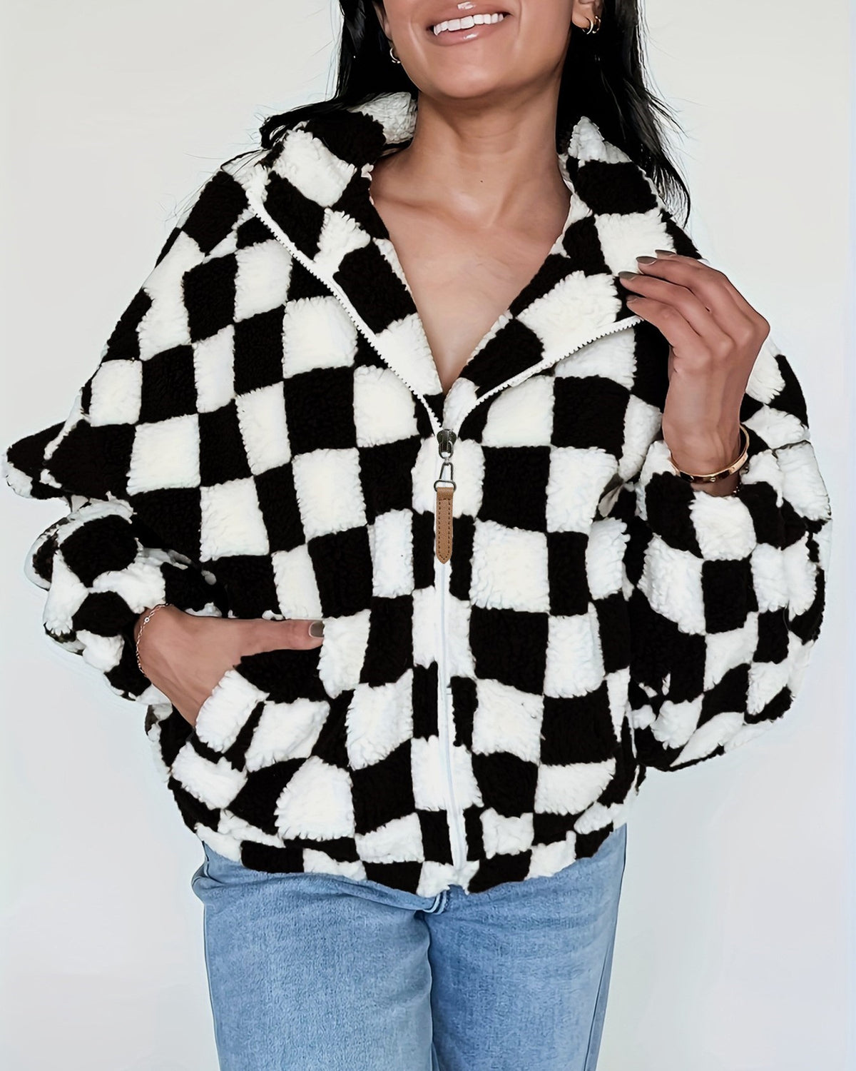 Checkerboard Sherpa Zip Front Jacket - Black