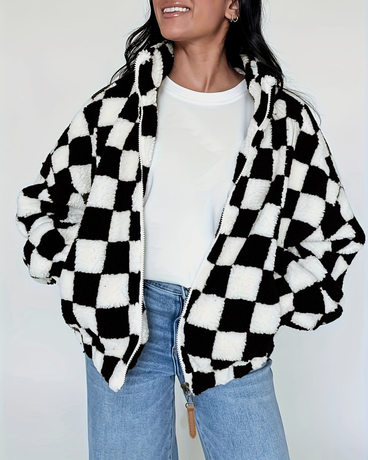 Checkerboard Sherpa Zip Front Jacket - Black - 1