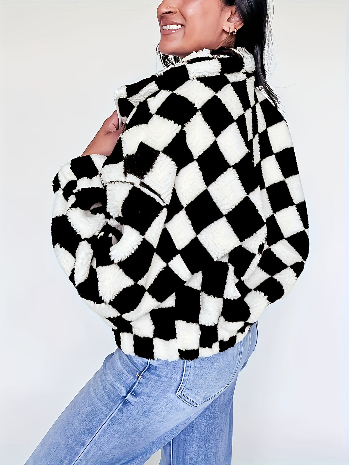 Checkerboard Sherpa Zip Front Jacket - Black - 2