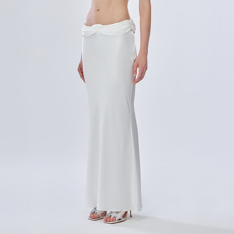 Satin Ruched Waist Fishtail Maxi Skirt - white - 4