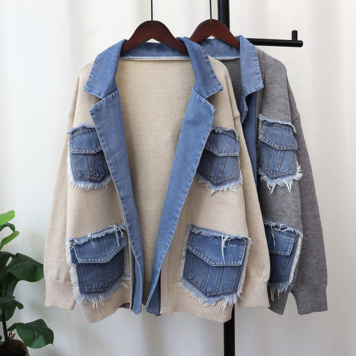 Raw Edge Denim Patch Lapel Cardigan - Beige