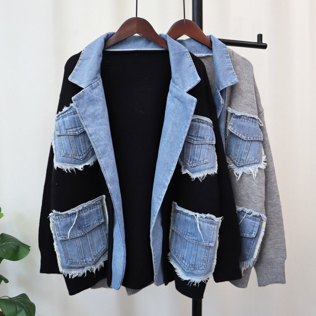 Raw Edge Denim Patch Lapel Cardigan - Black