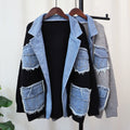 Raw Edge Denim Patch Lapel Cardigan - Black