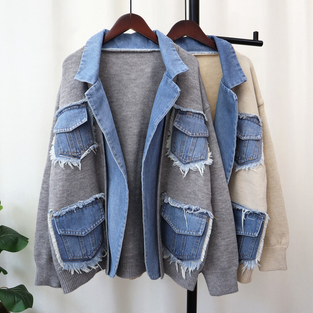 Raw Edge Denim Patch Lapel Cardigan - Grey