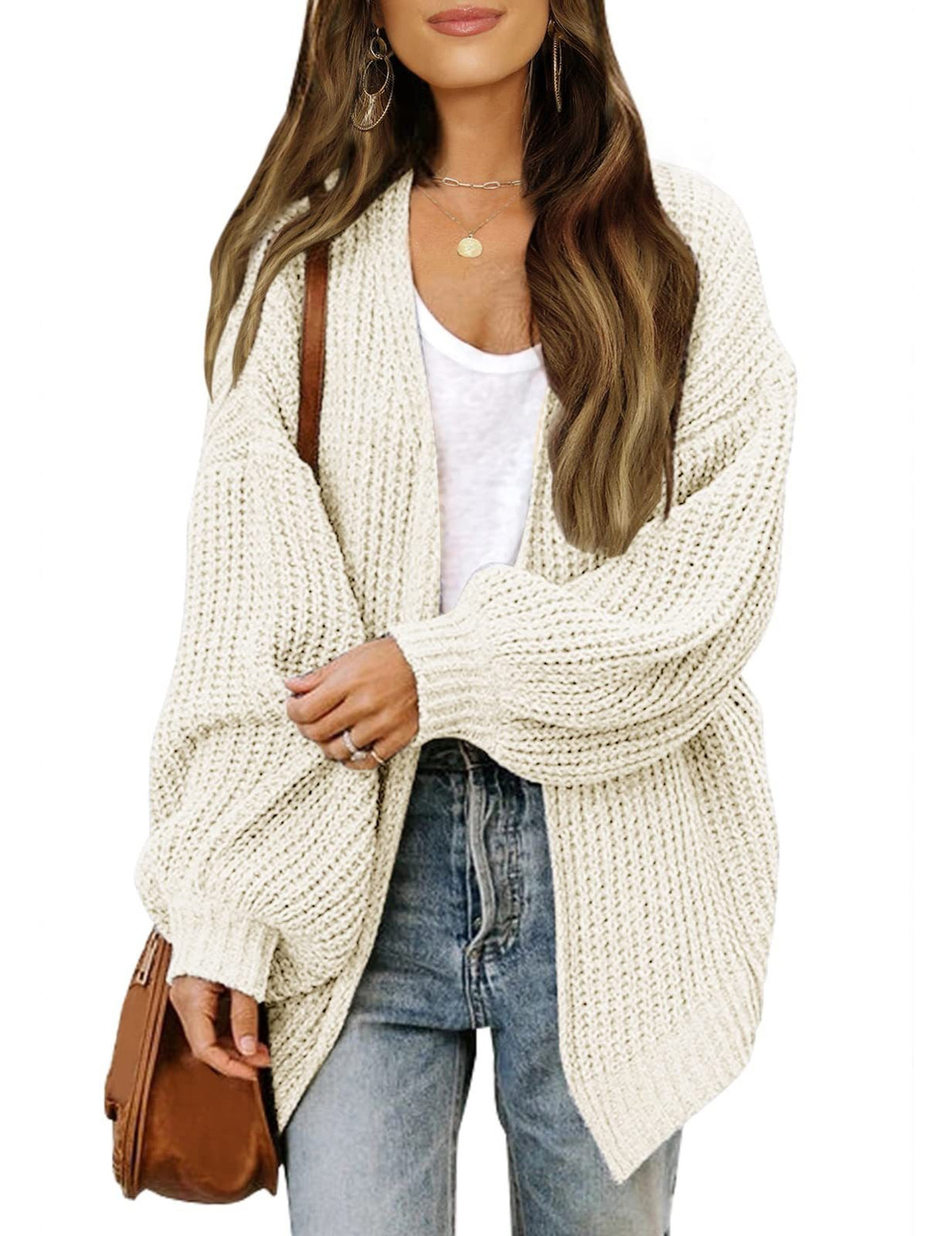 Chunky Knit Open Front Cardigan with Balloon Sleeves - Beige