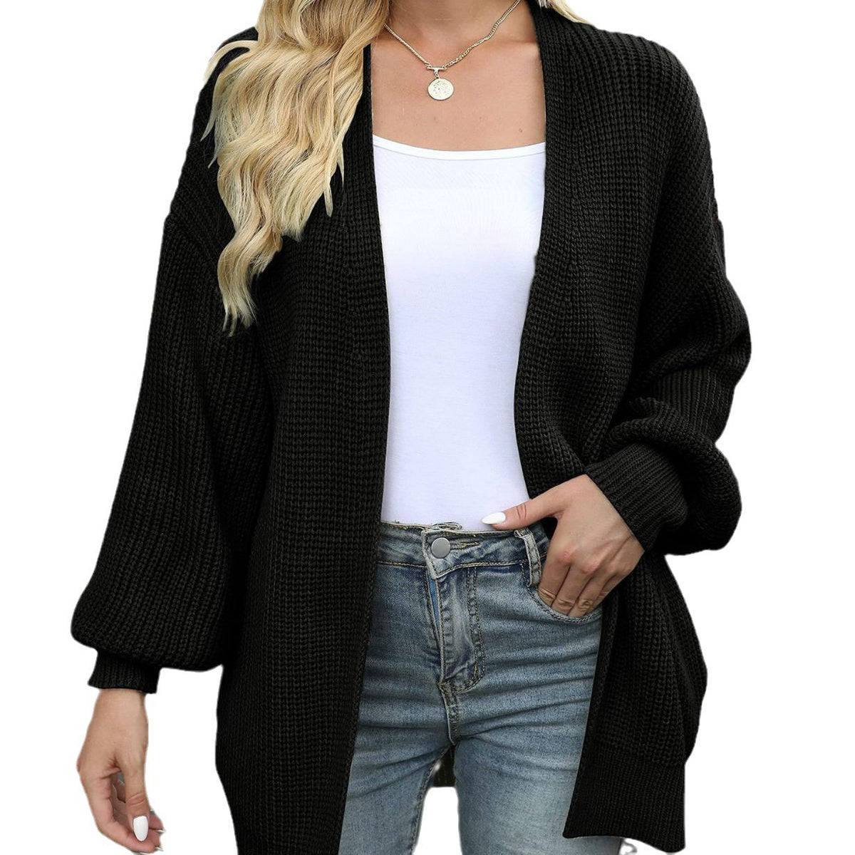Chunky Knit Open Front Cardigan with Balloon Sleeves - Black