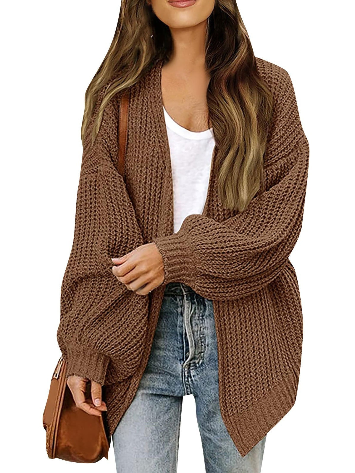 Chunky Knit Open Front Cardigan with Balloon Sleeves - Brown