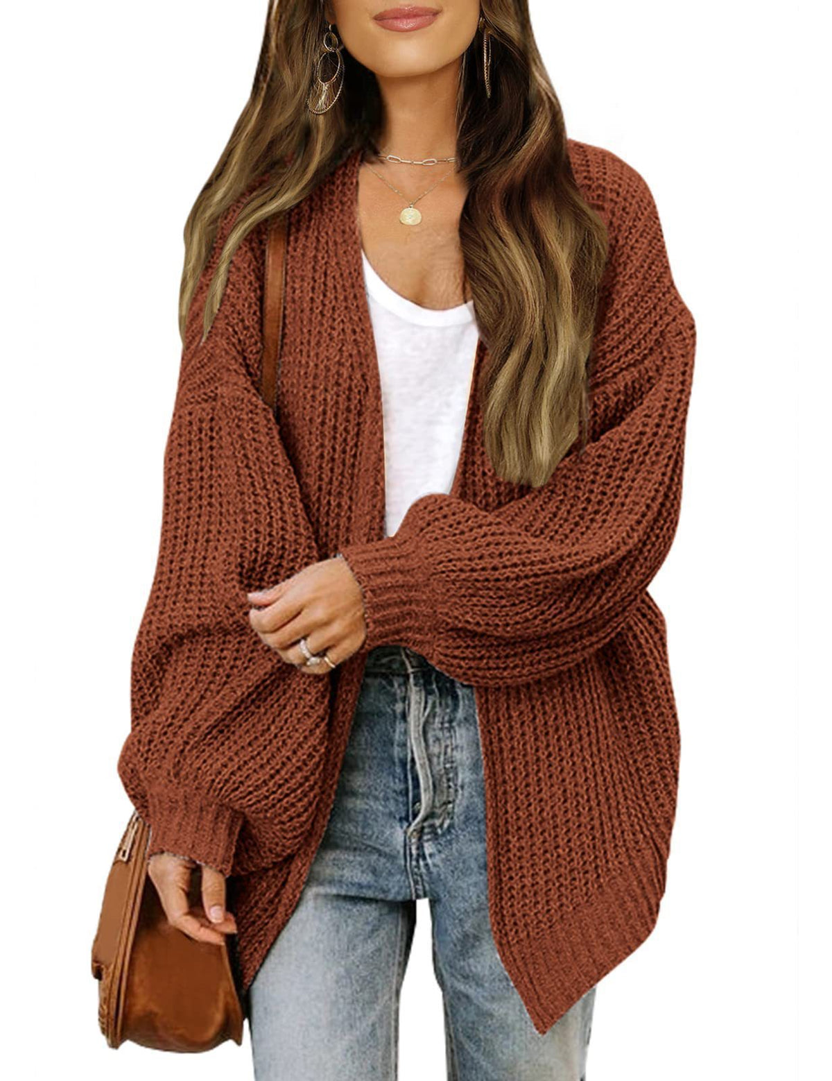 Chunky Knit Open Front Cardigan with Balloon Sleeves - Caramel