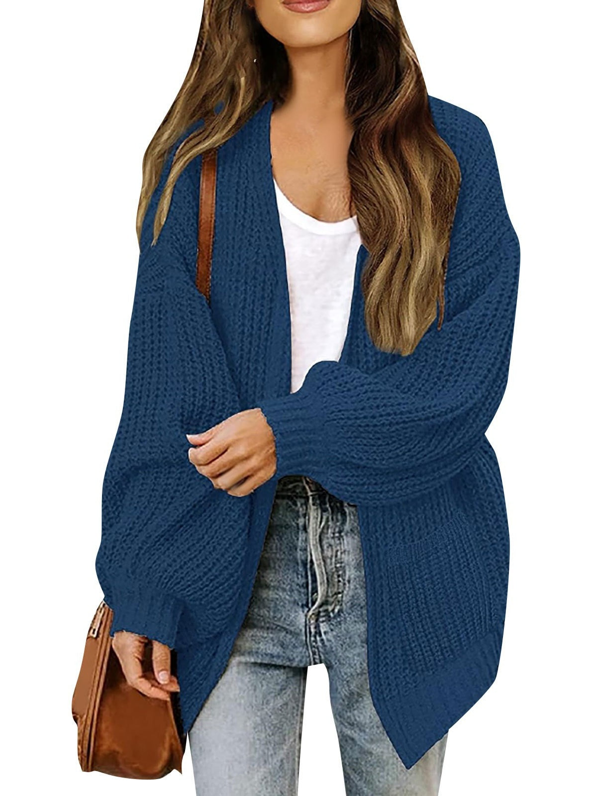 Chunky Knit Open Front Cardigan with Balloon Sleeves - Dark_Blue