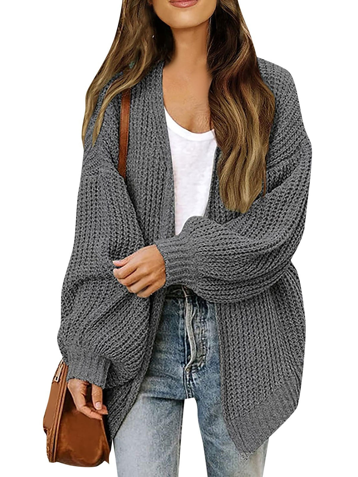 Chunky Knit Open Front Cardigan with Balloon Sleeves - Dark_Grey