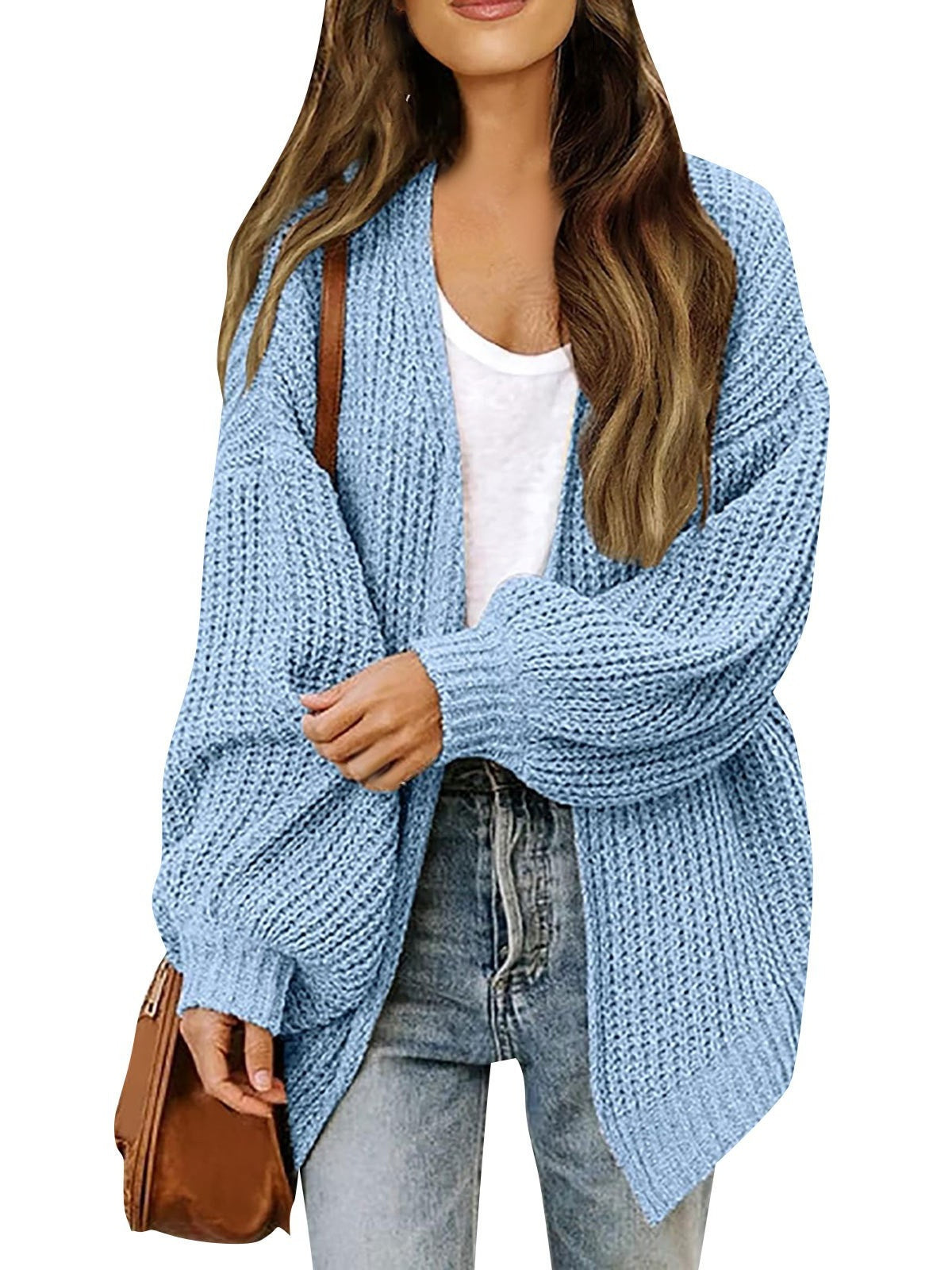 Chunky Knit Open Front Cardigan with Balloon Sleeves - Light_Blue