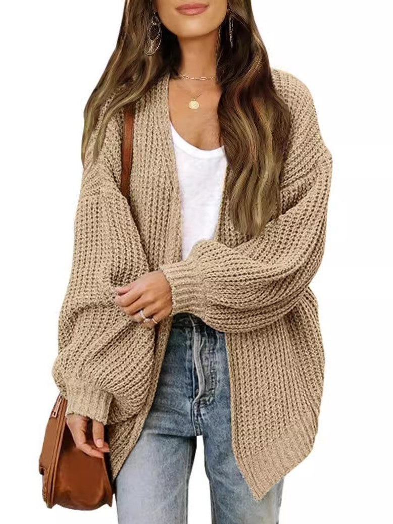 Chunky Knit Open Front Cardigan with Balloon Sleeves - Light_Khaki