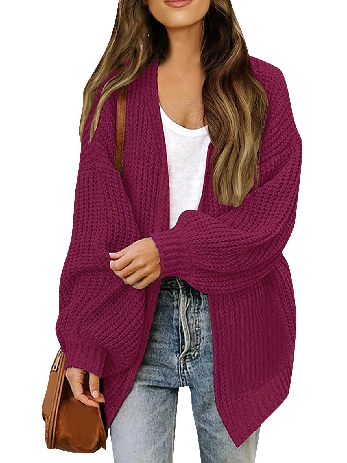 Chunky Knit Open Front Cardigan with Balloon Sleeves - Mauve