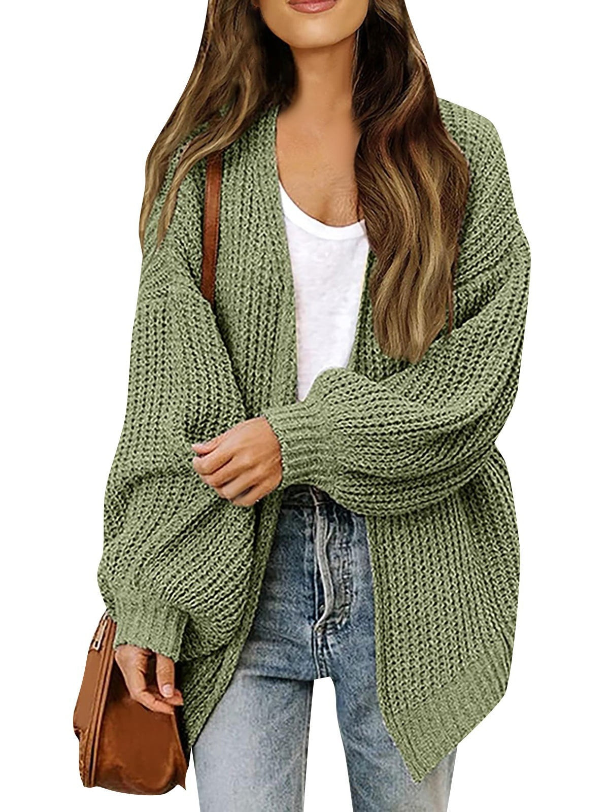 Chunky Knit Open Front Cardigan with Balloon Sleeves - Olive