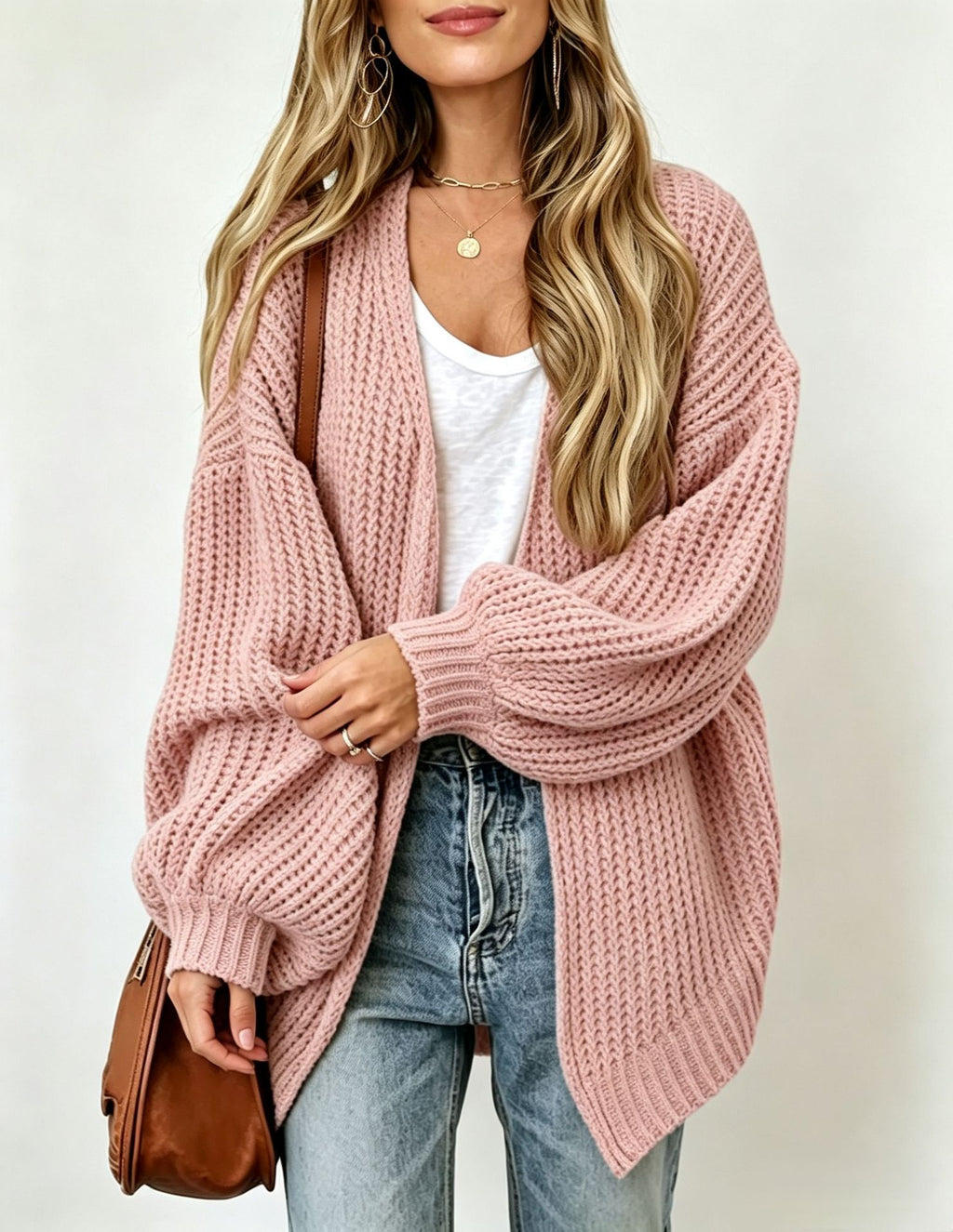 Chunky Knit Open Front Cardigan with Balloon Sleeves - Pink