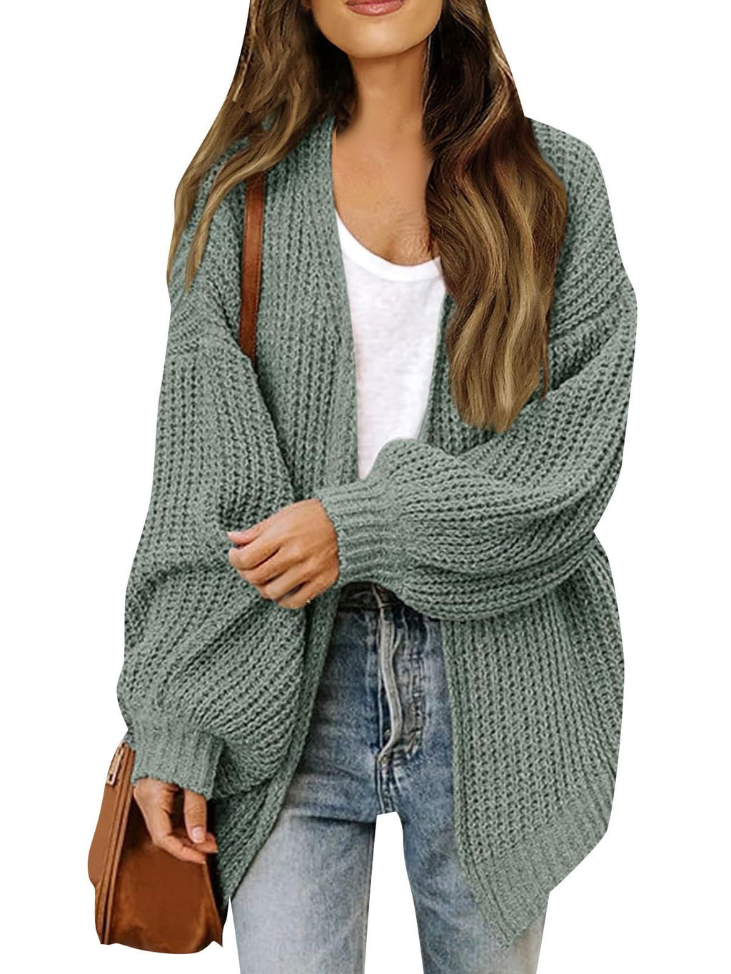 Chunky Knit Open Front Cardigan with Balloon Sleeves - Sage