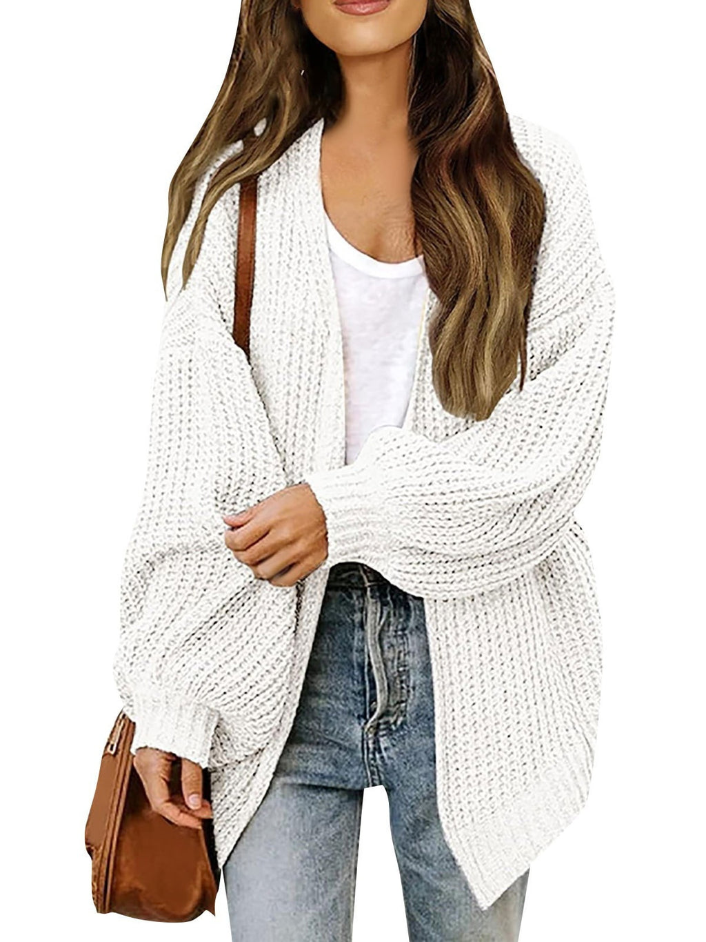 Chunky Knit Open Front Cardigan with Balloon Sleeves - White